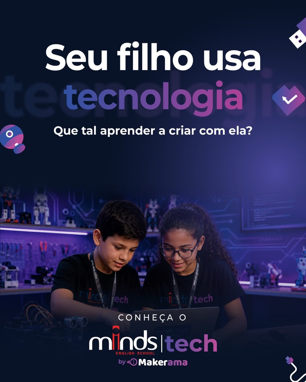 Alunos do Minds Tech desenvolvendo um projeto de robótica